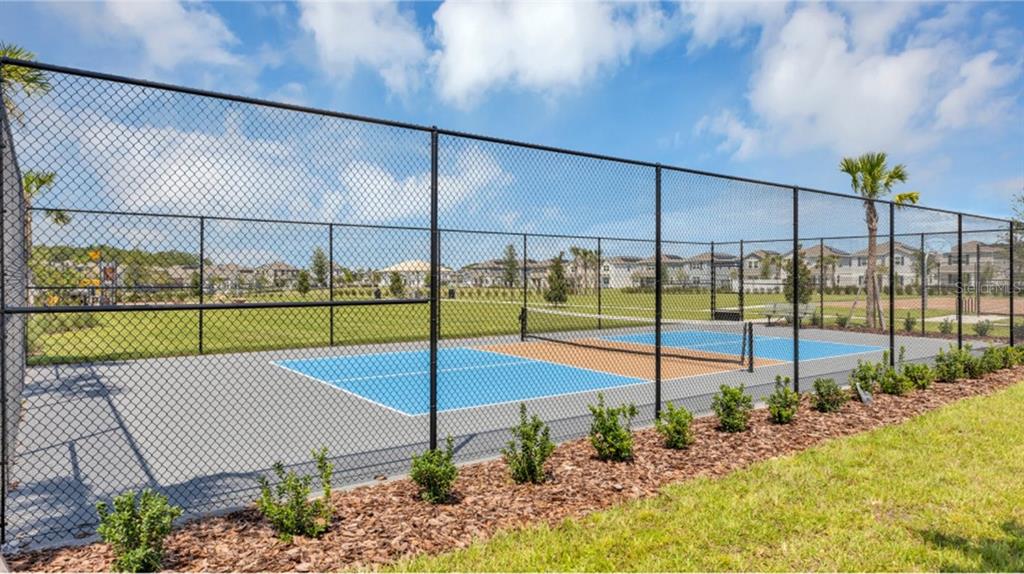 A fenced-in pickleball court with blue and tan surfaces sits outdoors near a grassy lawn — 4493 OCHOS RIOS PLACE, KISSIMMEE, FL