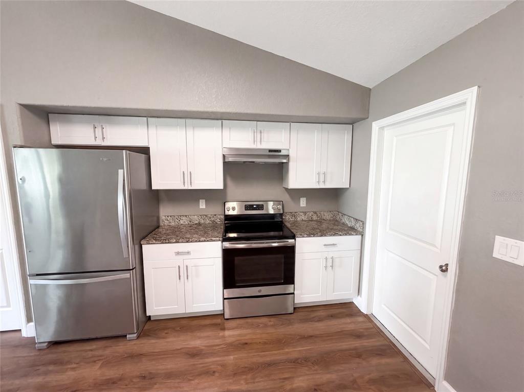 A kitchen features white cabinets, stainless steel appliances, granite countertops, and wood-look flooring — 11413 SAND HILL AVENUE, SPRING HILL, FL