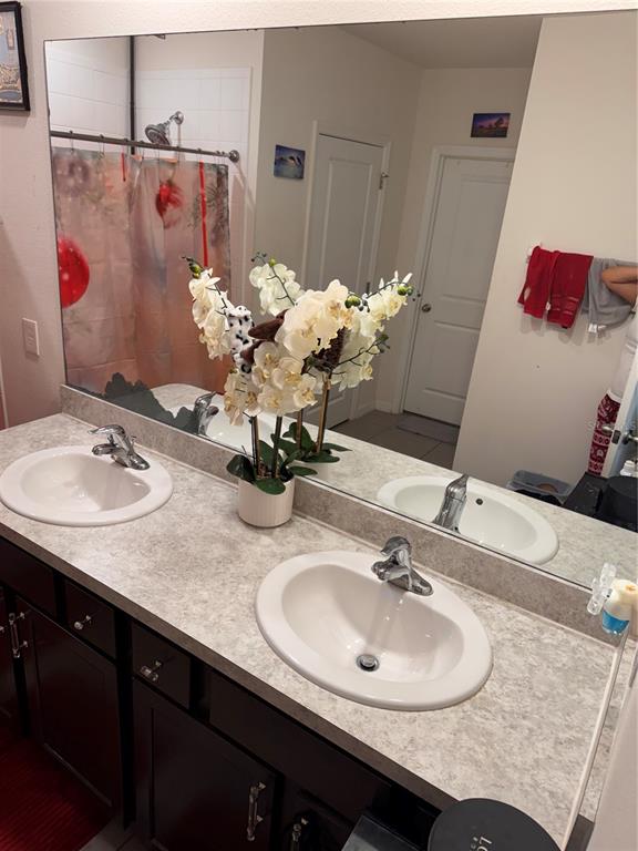 A bathroom features a double vanity with white sinks, dark cabinets, and a large mirror — 3783 SE 97TH LANE, BELLEVIEW, FL