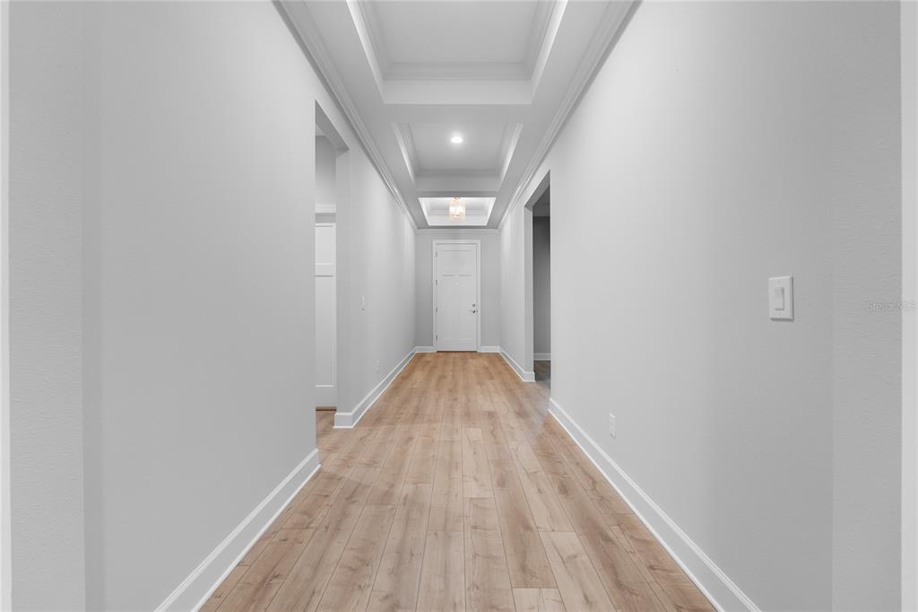 A long hallway with light wood-look flooring, white walls, and a tray ceiling — 4545 FAIRWAY OAKS DRIVE, MULBERRY, FL
