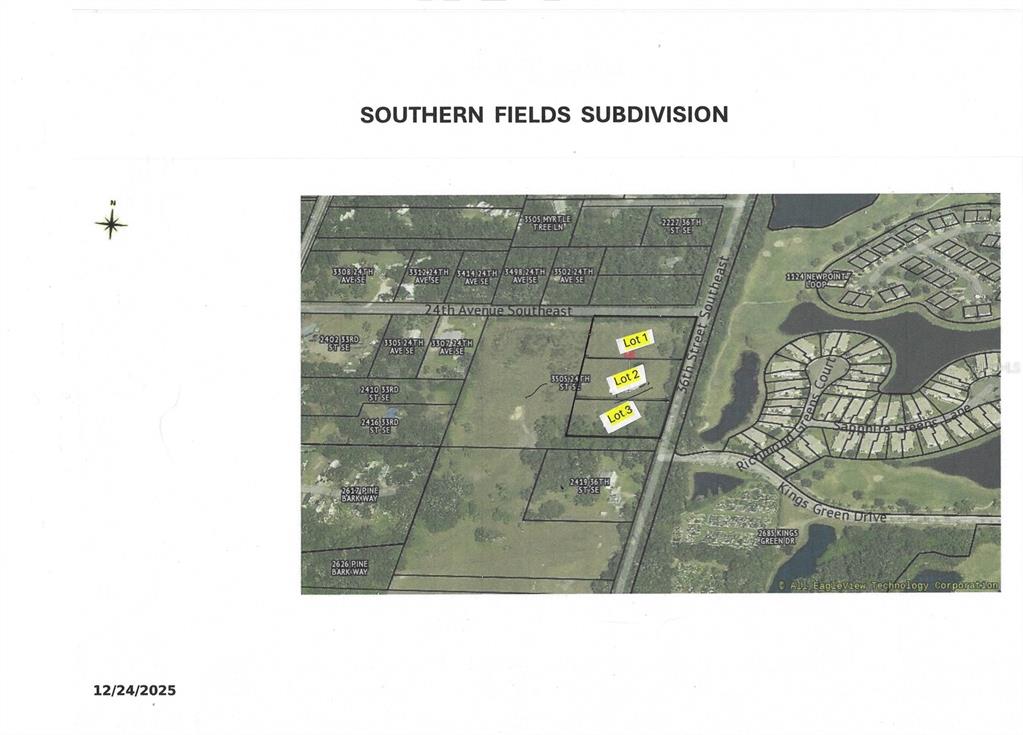 This is a map showing three highlighted lots within the Southern Fields subdivision — 24TH AVENUE SE, RUSKIN, FL