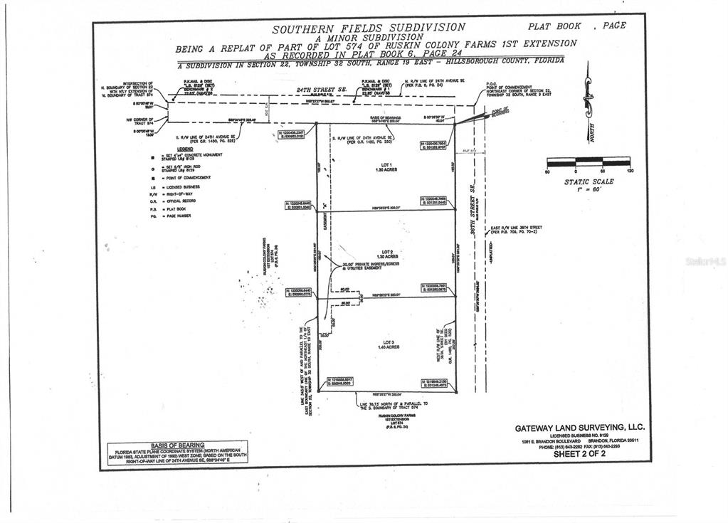 This is a land survey plat map for the Southern Fields subdivision in Hillsborough County, Florida — 24TH AVENUE SE, RUSKIN, FL