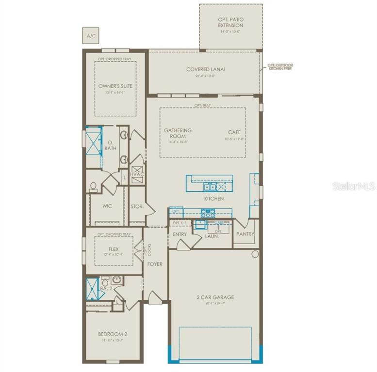 This is a floor plan for a single-story home featuring two bedrooms, a flex room, and a two-car garage — 1313 ZESTY CITRUS LANE, MINNEOLA, FL