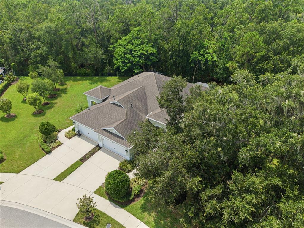 An aerial view of a suburban house with a driveway, lawn, and surrounding trees — 13584 CIRCA CROSSING DRIVE, LITHIA, FL