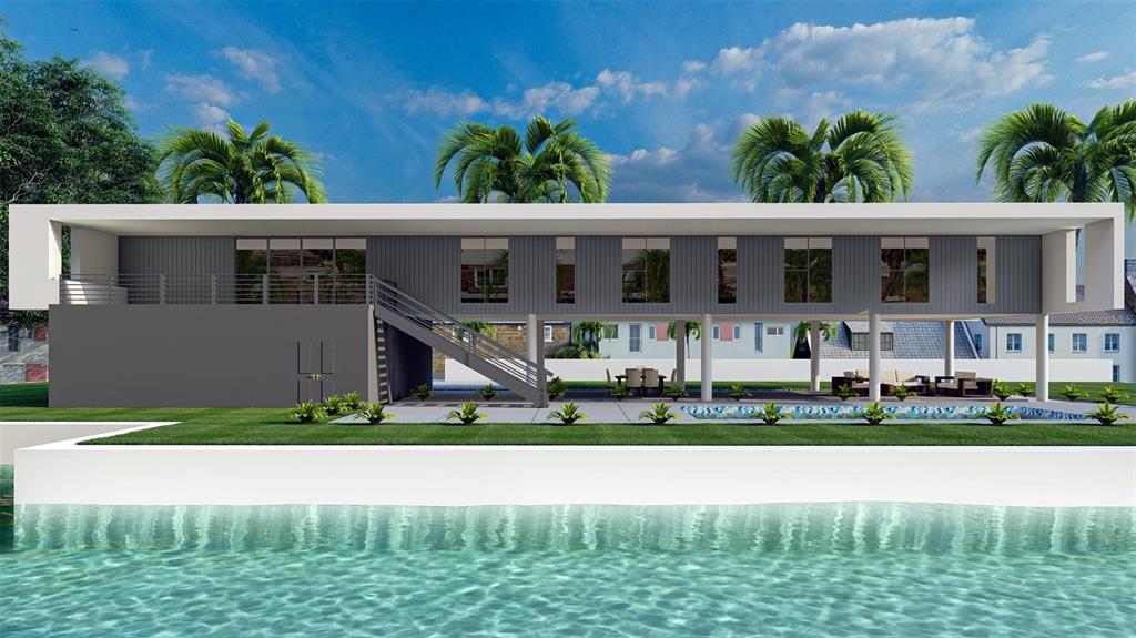 This is a rendering of a modern elevated home with a pool and outdoor seating — 720 TARAWITT DRIVE, LONGBOAT KEY, FL