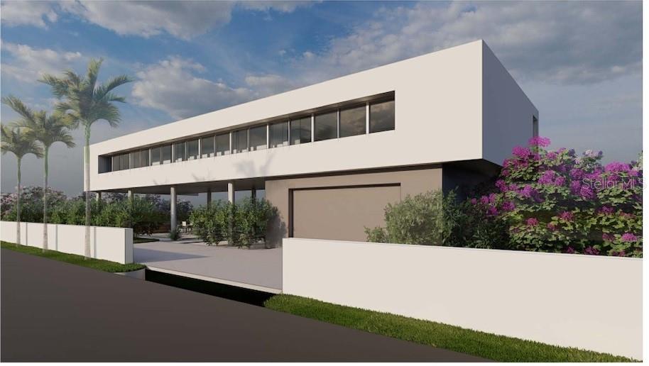 A digital rendering of a modern, two-story home with a flat roof and white exterior — 720 TARAWITT DRIVE, LONGBOAT KEY, FL