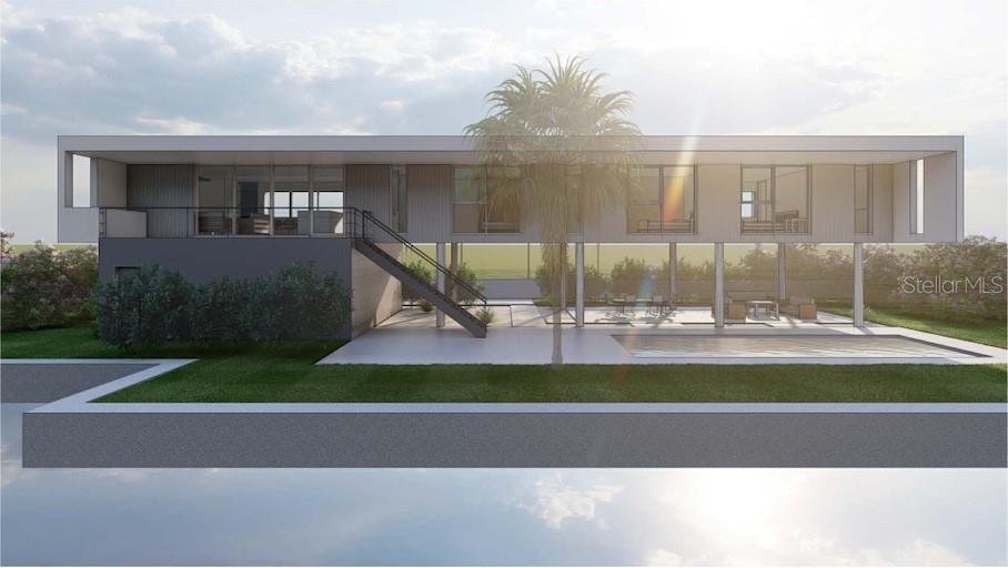 This architectural rendering shows a modern elevated house with a pool and a palm tree — 720 TARAWITT DRIVE, LONGBOAT KEY, FL