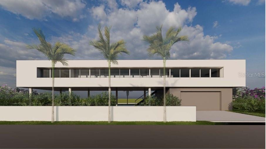 A digital rendering of a modern, elevated two-story house with a garage and palm trees — 720 TARAWITT DRIVE, LONGBOAT KEY, FL