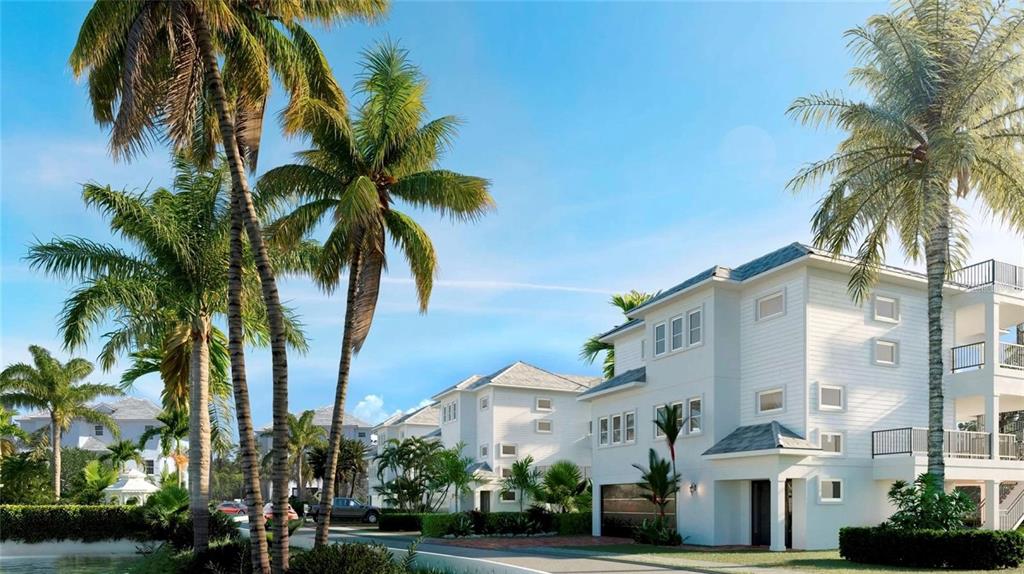 This is a digital rendering of white multi-story houses surrounded by palm trees — 6907 BOCHI CIRCLE, SARASOTA, FL