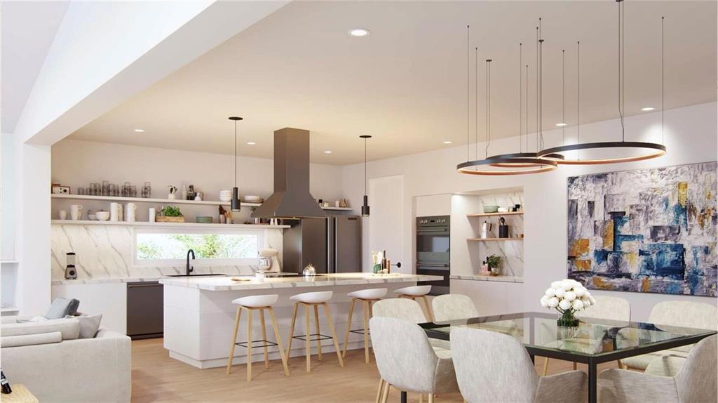 This rendering shows an open-concept kitchen and dining area with white cabinetry and marble countertops — 6907 BOCHI CIRCLE, SARASOTA, FL