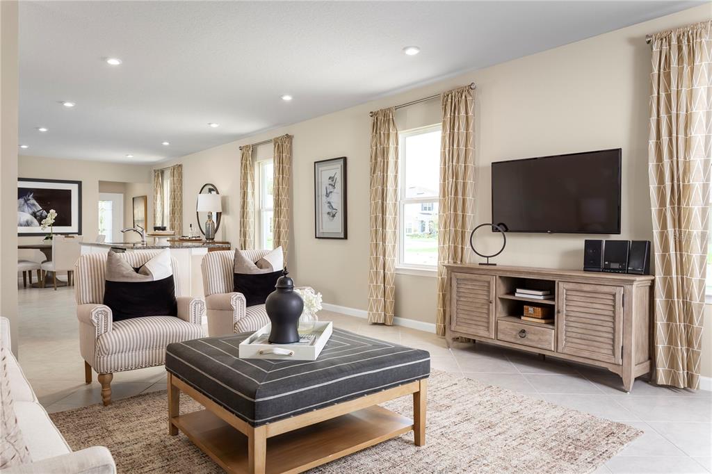 A living room features a television on a wooden console, two striped chairs, and an ottoman — 2228 SCENIC PARK LOOP, WIMAUMA, FL