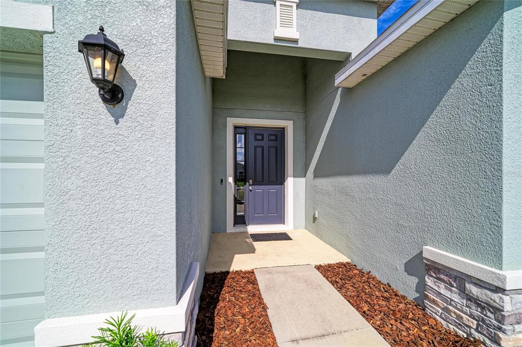 A front entryway features a dark blue door, a concrete walkway, and a wall-mounted light — 11007 TAMARACK PLACE, PARRISH, FL