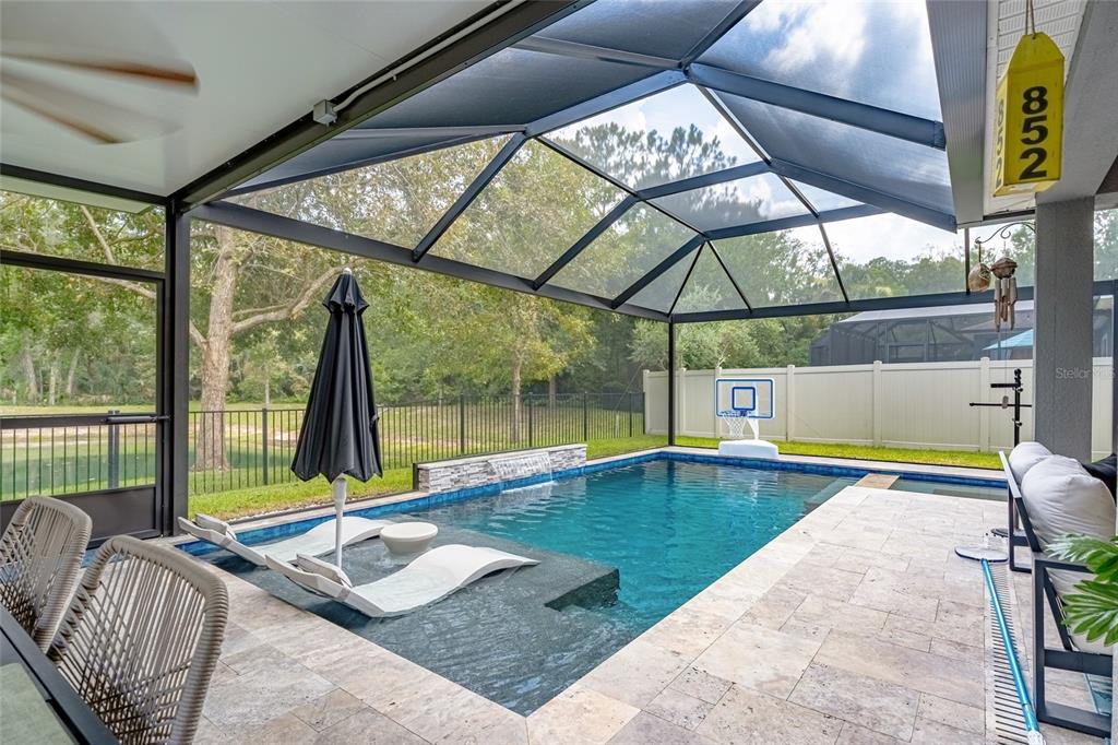 A screened-in pool area features a tanning ledge, water feature, and a basketball hoop — 48 MISSION OAK COURT, ST AUGUSTINE, FL