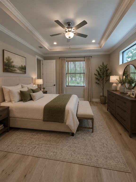 A bedroom features a tray ceiling, a bed with green accents, and a wooden dresser — 6757 SUMMIT VIEW DRIVE, BROOKSVILLE, FL