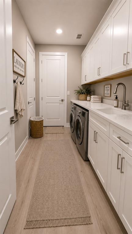 A laundry room features white cabinets, a sink, front-load washers, and a beige runner rug — 6757 SUMMIT VIEW DRIVE, BROOKSVILLE, FL