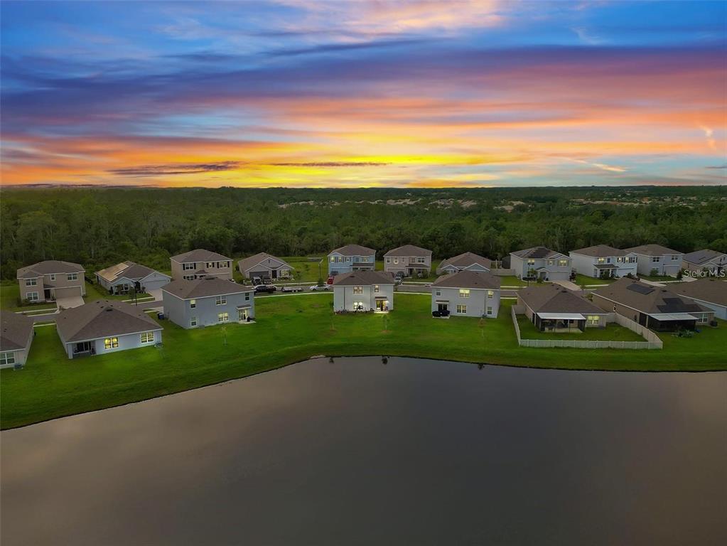 An aerial view shows a suburban neighborhood with houses situated along a large pond — 16636 WINDMILL FORGE PASS, WIMAUMA, FL