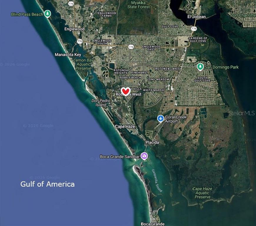 This is a map showing the Rotonda West area of Florida with a heart icon — 87 BOUNDARY BOULEVARD UNIT 7, ROTONDA WEST, FL