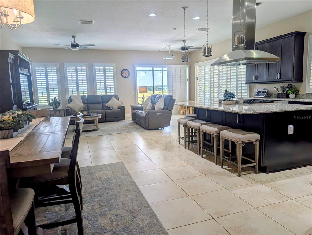 An open-concept kitchen and living area features dark cabinetry, a granite island, and tile flooring — 290 SILVER MAPLE ROAD, GROVELAND, FL