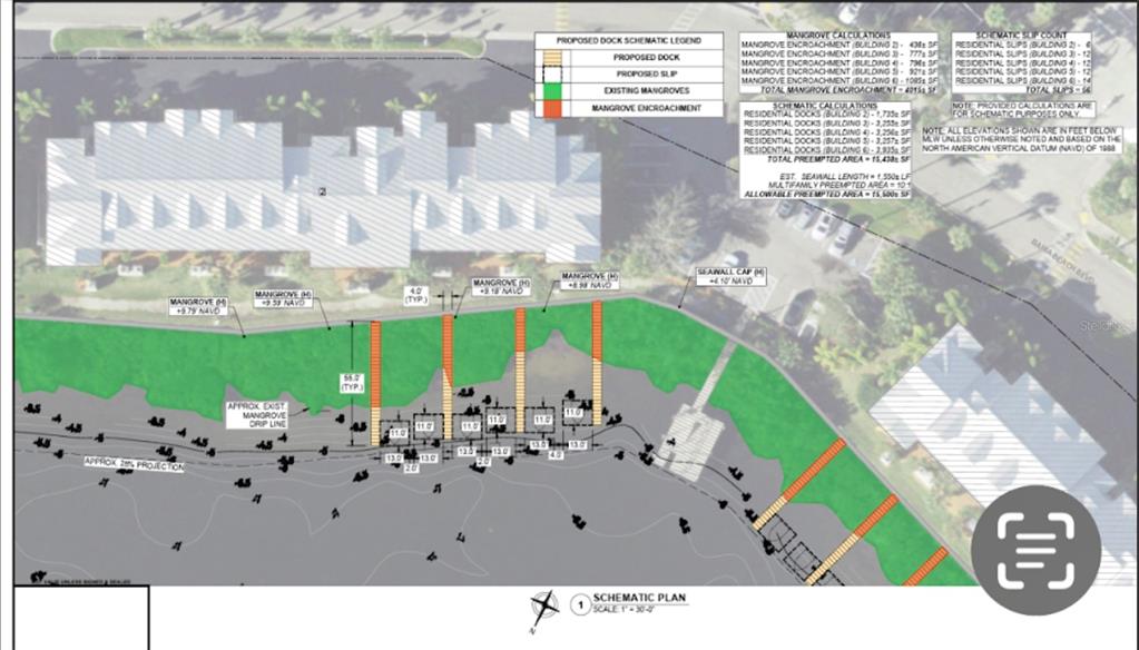 This site plan rendering shows proposed residential docks and mangrove encroachment areas along a shoreline — 465 BAHIA BEACH BOULEVARD, RUSKIN, FL