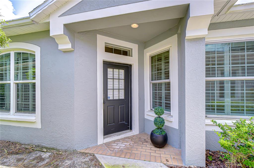The exterior entrance features a dark front door with glass panes and a brick porch — 6026 SANDHILL RIDGE DRIVE, LITHIA, FL