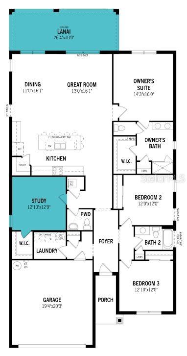 This is a floor plan for a single-story house featuring three bedrooms, a study, and a lanai — 18501 VISTA PARK, VENICE, FL