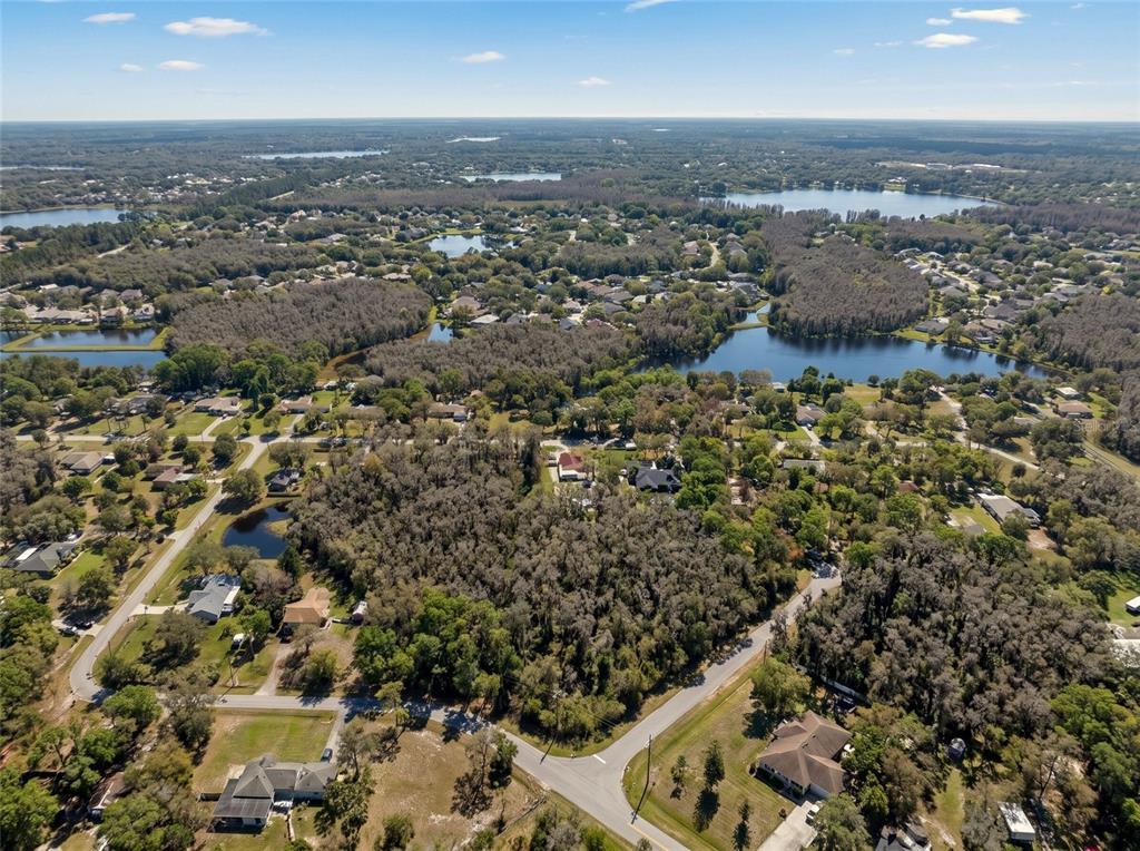 An aerial view shows a residential neighborhood surrounded by dense trees and multiple small lakes — 32-26-18-0010-00000-0560 COUNTRY LANE, LUTZ, FL