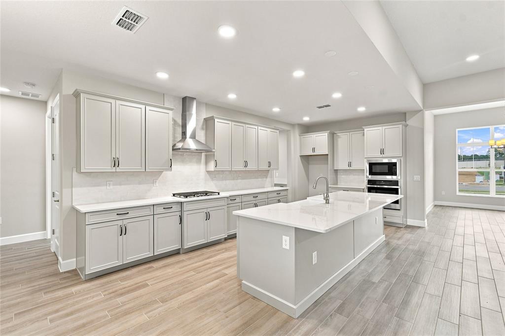 A modern kitchen features light-colored cabinetry, a large center island, and stainless steel appliances — 3177 WOLF LAKE AVENUE, APOPKA, FL