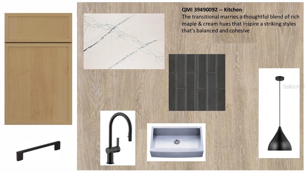 This design board for an owner's bath displays cabinetry, tile, hardware, and plumbing fixture samples — 17676 FOXTAIL LOOP, VENICE, FL