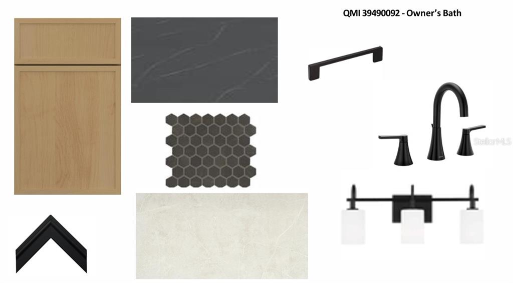 This design board displays finishes for a bathroom, including cabinetry, countertops, tile, and fixtures — 17676 FOXTAIL LOOP, VENICE, FL