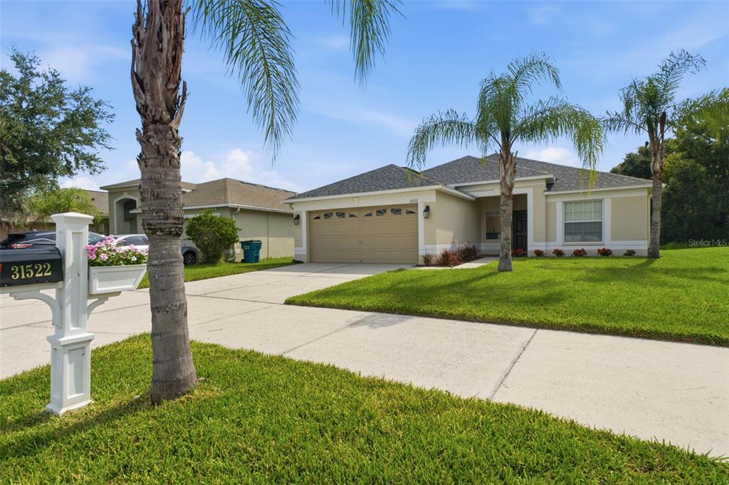 An aerial view shows four suburban houses situated along a street next to a pond — 31522 TRIBOROUGH DRIVE, WESLEY CHAPEL, FL