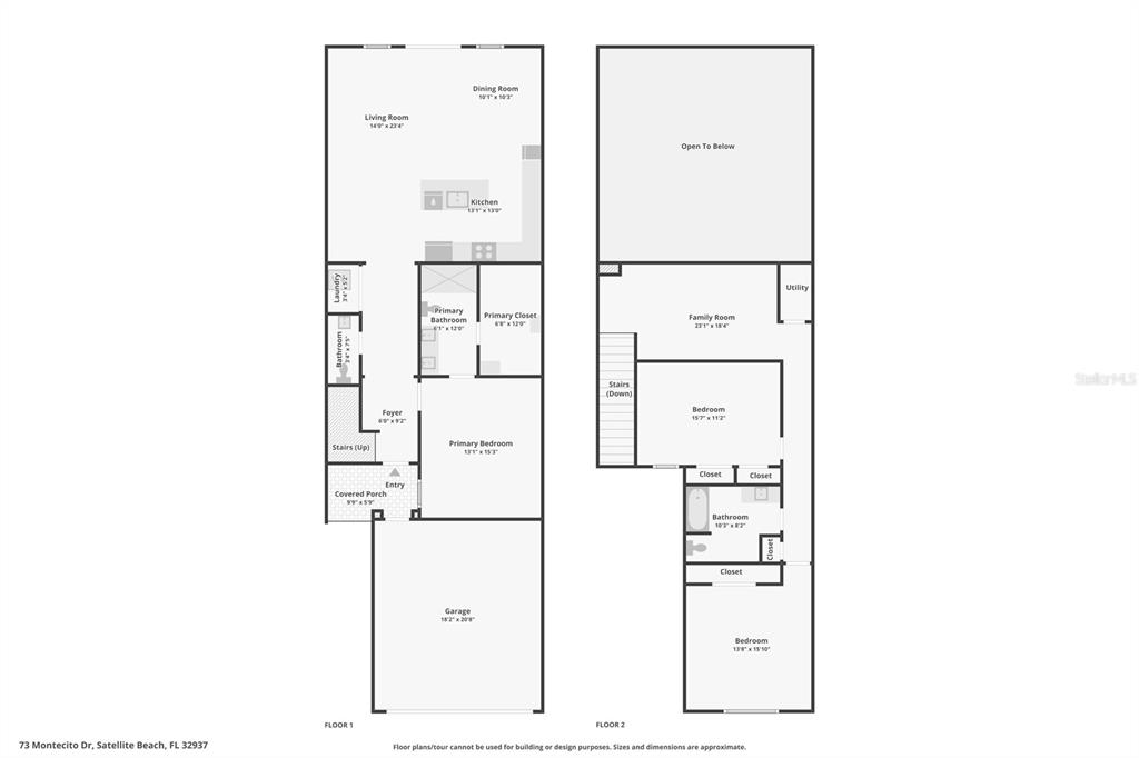 This is a two-story floor plan showing the layout of a residential home — 73 MONTECITO DRIVE, SATELLITE BEACH, FL