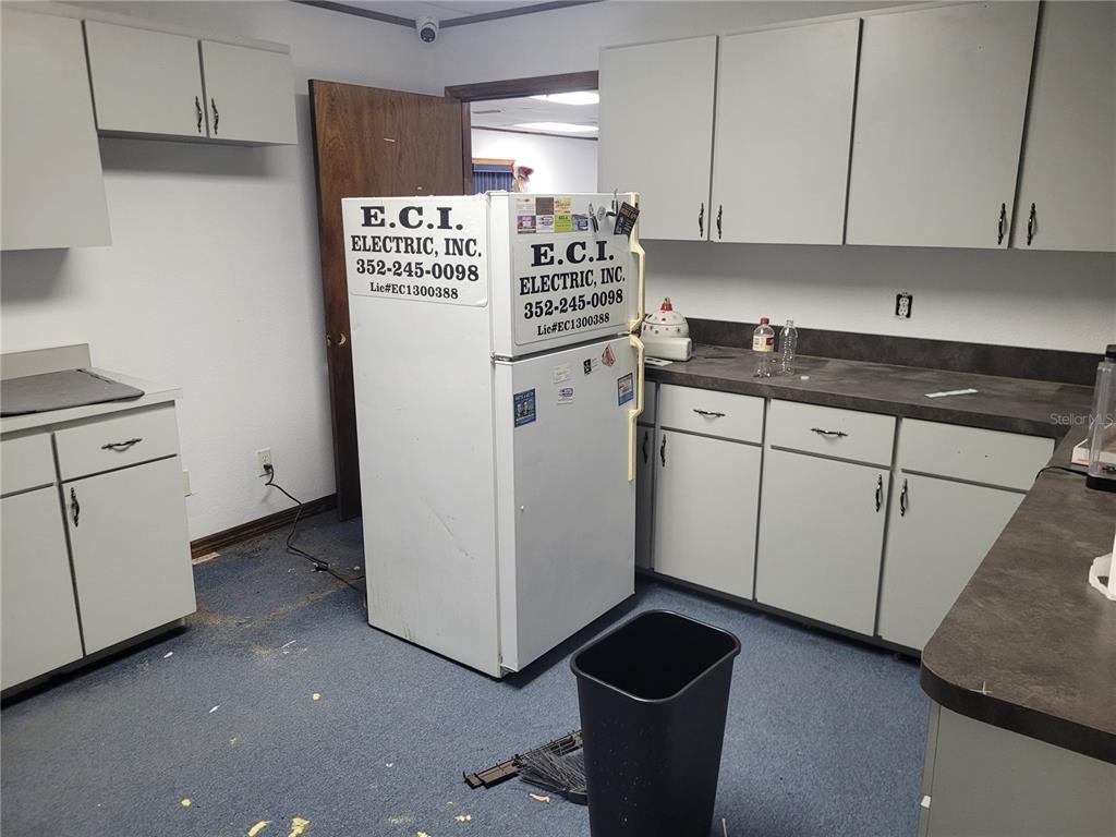 A kitchen features gray cabinets, dark countertops, a white refrigerator, and blue carpeted flooring — 8875 E HIGHWAY 25, BELLEVIEW, FL