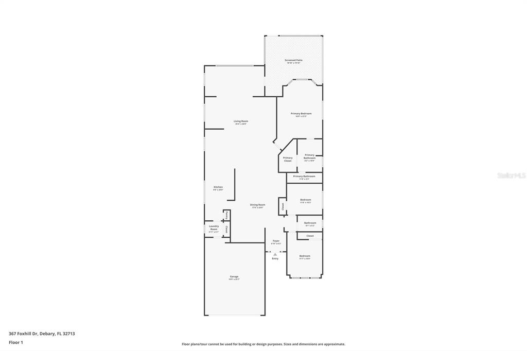 This is a floor plan for a single-story residential home with a garage and patio — 367 FOXHILL DRIVE, DEBARY, FL