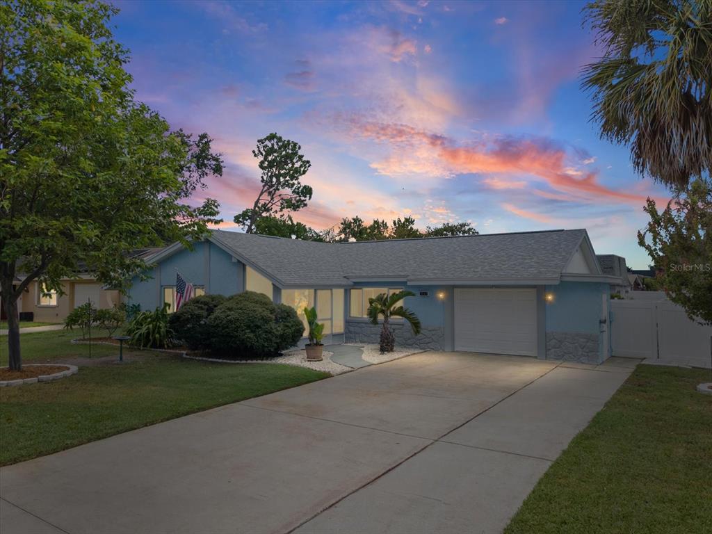 A single-story blue house with a concrete driveway, a garage, and a landscaped front yard — 3845 MING TREE DRIVE, NEW PORT RICHEY, FL