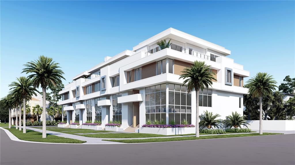 A digital rendering of a modern, multi-story white townhouse complex with palm trees and landscaping — 85 DAVIS BOULEVARD UNIT D, TAMPA, FL
