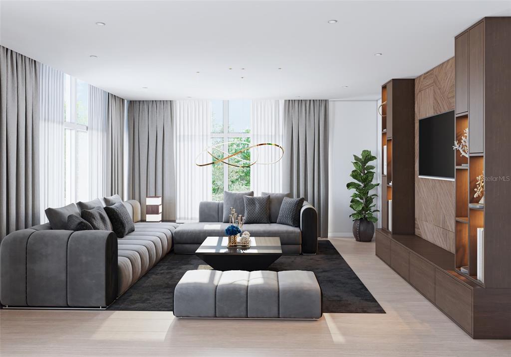 This rendering shows a modern living room with a large grey sectional, coffee table, and cabinetry — 85 DAVIS BOULEVARD UNIT D, TAMPA, FL