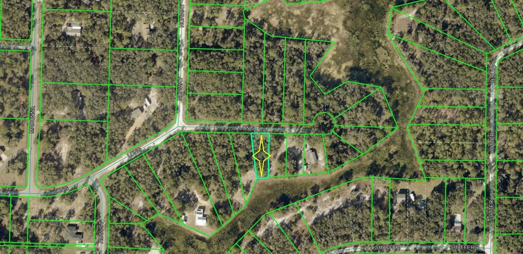 This is an aerial map showing a highlighted vacant lot along a residential street — Lot 10 LONG CIRCLE, WEBSTER, FL