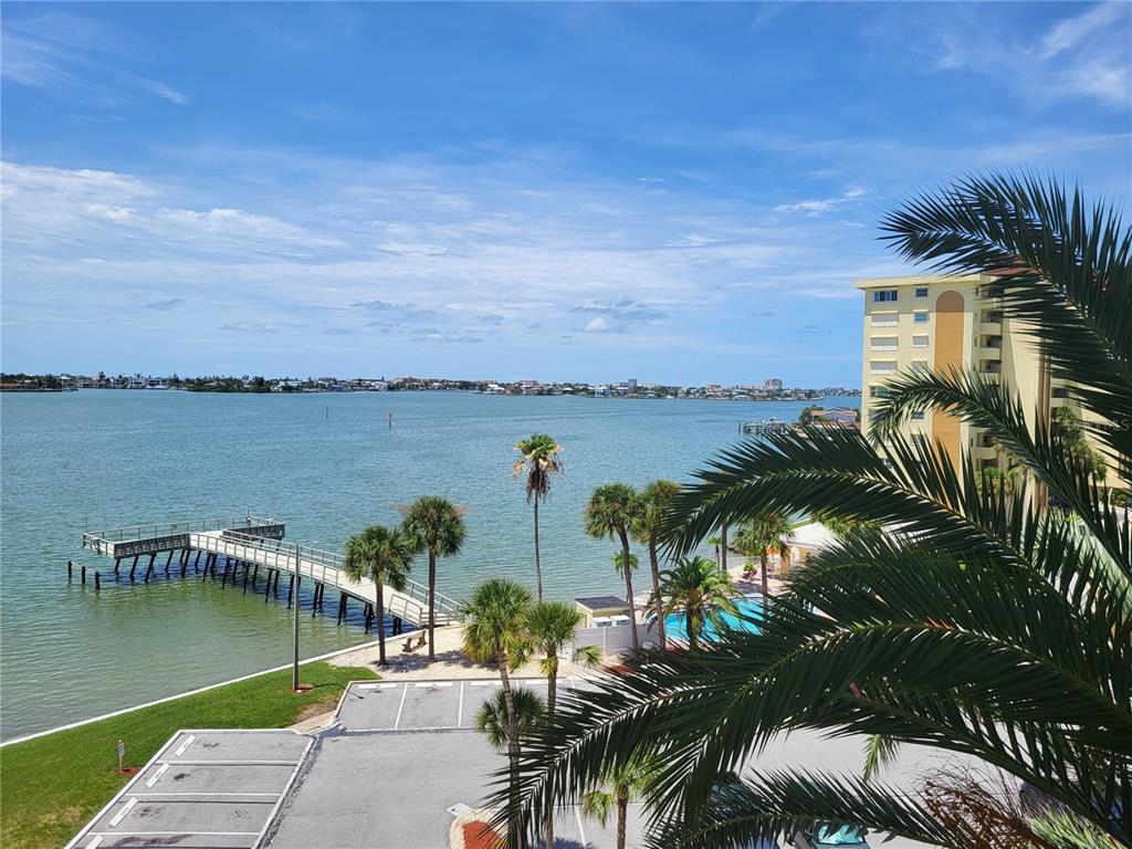 An elevated view of a waterfront area featuring a pier, palm trees, and a parking lot — 4775 COVE CIRCLE UNIT 606, ST PETERSBURG, FL