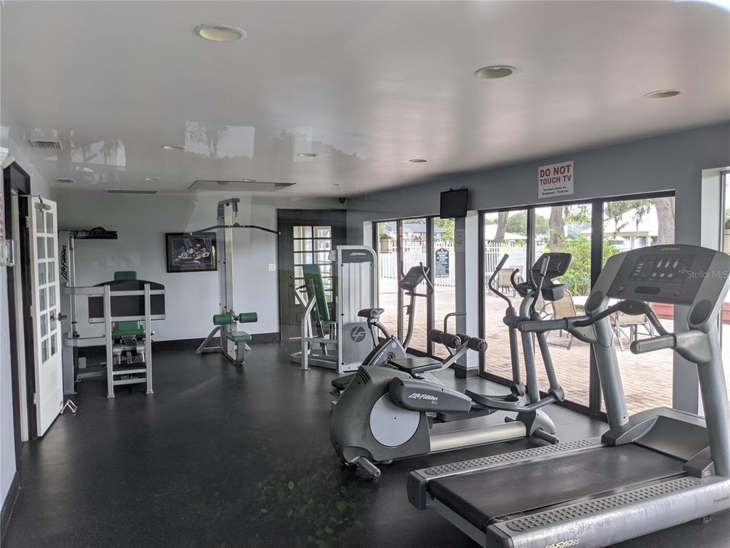 A gym with a treadmill, elliptical, weight machines, and large windows overlooking a patio — 209 LAKE BROOK CIRCLE UNIT 103, BRANDON, FL