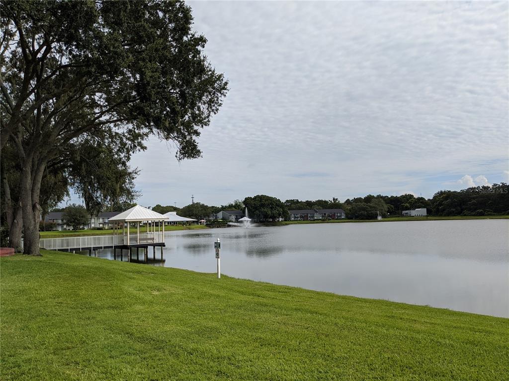 A grassy lawn leads to a wooden pier with a gazebo overlooking a calm lake — 209 LAKE BROOK CIRCLE UNIT 103, BRANDON, FL