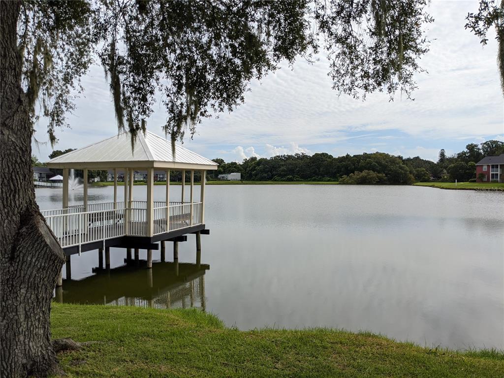 A gazebo sits on a wooden dock extending into a lake under a large tree — 209 LAKE BROOK CIRCLE UNIT 103, BRANDON, FL