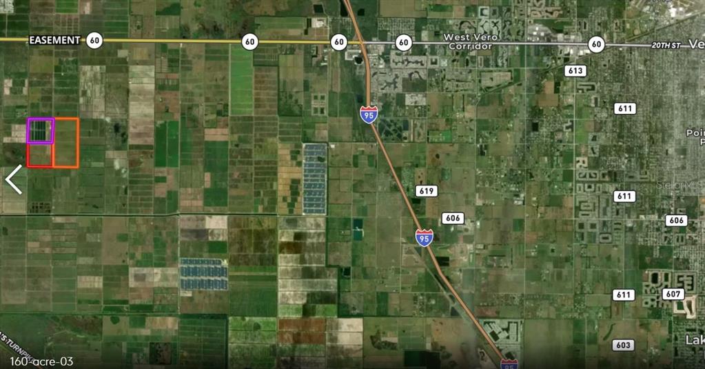 An aerial map shows agricultural land with colored rectangular outlines highlighting specific property parcels — 154TH AVENUE, VERO BEACH, FL