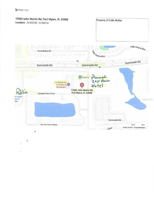 This is a map showing the location of a planned 200-room hotel in Fort Myers — 17060 JOHN MORRIS RD, FORT MYERS, FL