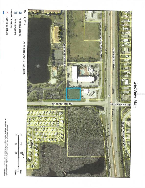 This is a map showing a highlighted parcel of land near a road intersection — 17060 JOHN MORRIS RD, FORT MYERS, FL