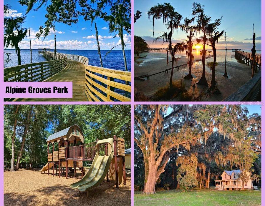 A collage shows a wooden pier, a sunset over water, a playground, and a historic house — 110 JESSE ROAD, ST AUGUSTINE, FL