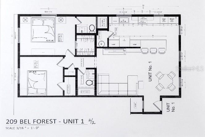 This is a floor plan for a two-bedroom, two-bathroom residential unit with an open-concept layout — 209 BEL FOREST DRIVE UNIT 1, BELLEAIR BLUFFS, FL