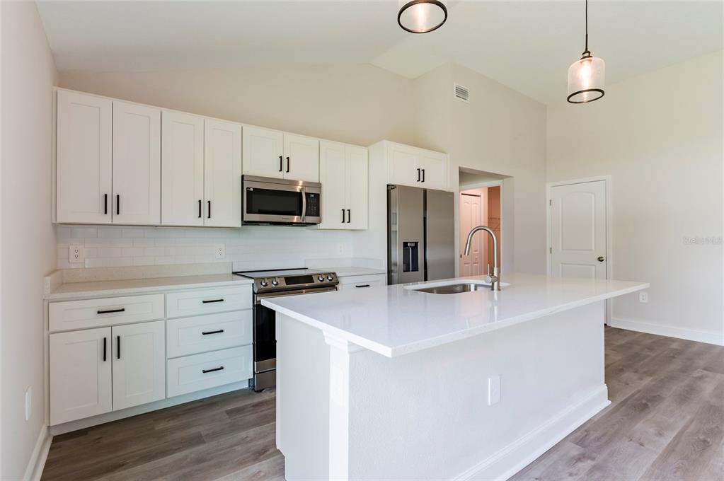A modern kitchen features white cabinets, stainless steel appliances, a quartz island, and wood-look flooring — 9808 SE 159TH STREET, SUMMERFIELD, FL