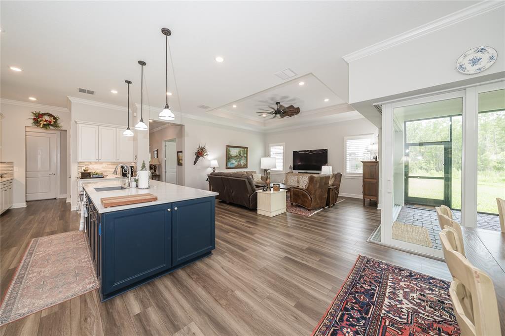 An open-concept kitchen and living area features a blue island, wood floors, and sliding doors — 18793 HORIZON VIEW POINT, LAND O LAKES, FL