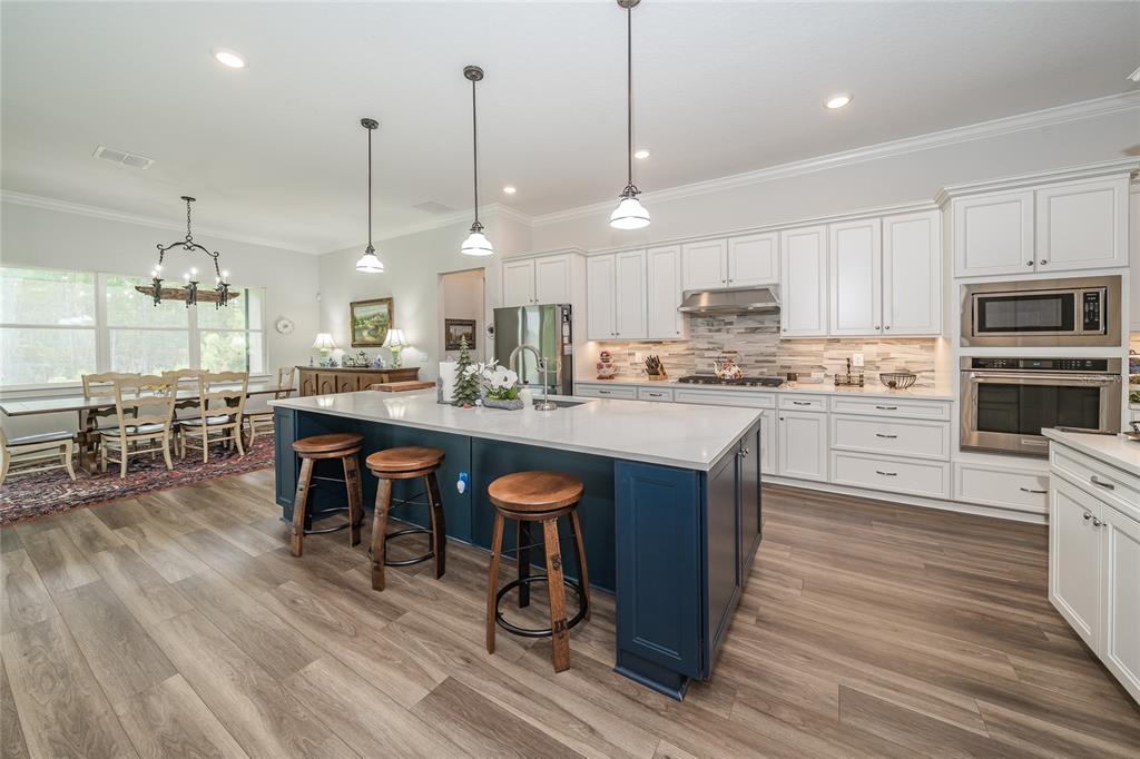 A kitchen with white cabinets, a blue island with bar stools, and wood-look flooring — 18793 HORIZON VIEW POINT, LAND O LAKES, FL