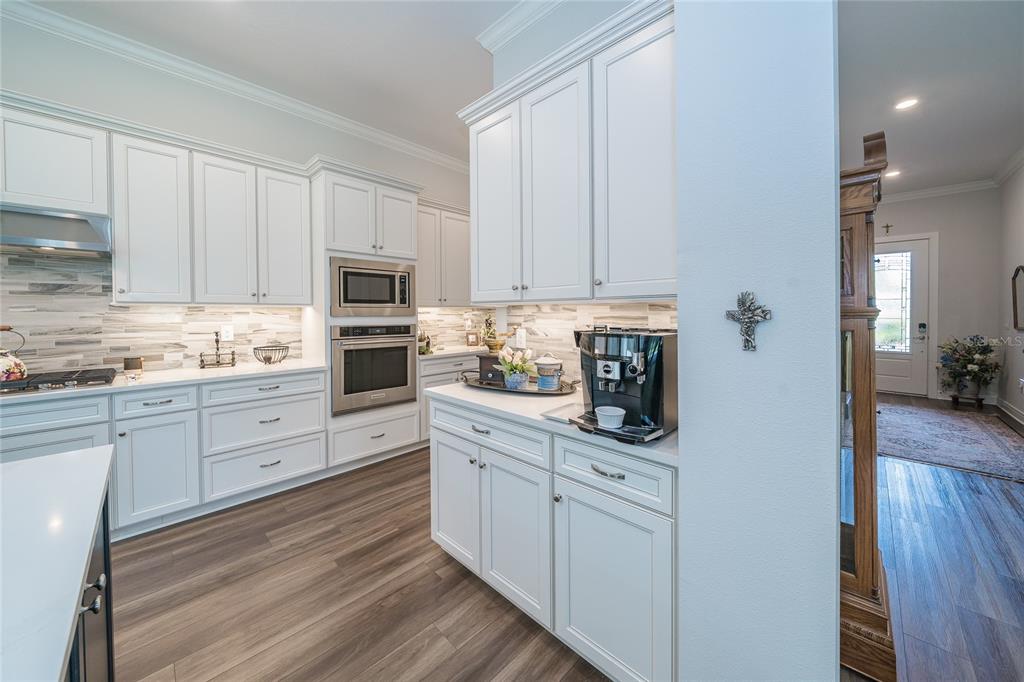 A kitchen features white cabinetry, stainless steel appliances, a coffee maker, and wood-look flooring — 18793 HORIZON VIEW POINT, LAND O LAKES, FL